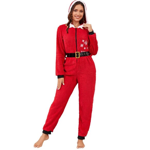 Cozy Fleece Hooded Jumpsuit Pajamas with Pockets and Belt Elegant Lounge Wear